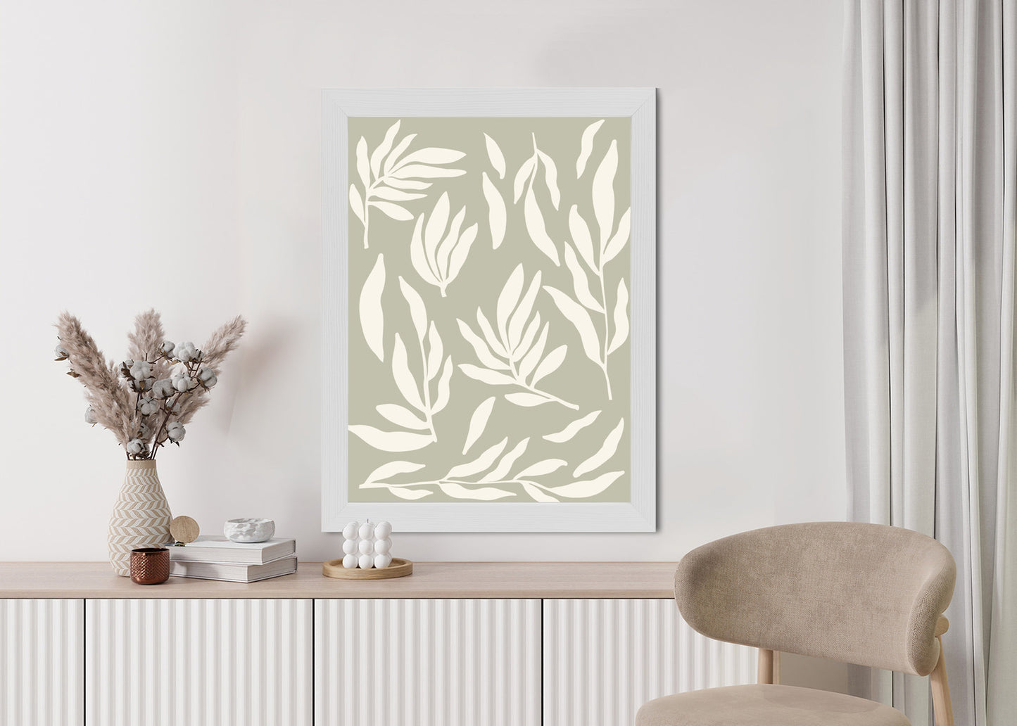 Poster Botanische Grafiken Mit Beigen Blättern Rahmen Holz Mit Passepartout Farbe Natürlich