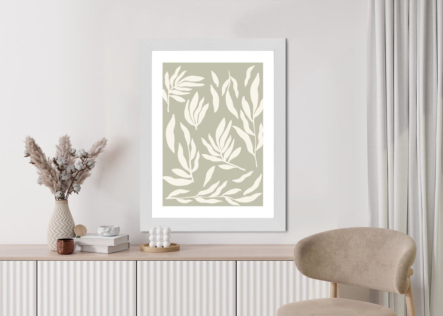 Poster Botanische Grafiken Mit Beigen Blättern Rahmen Holz Mit Passepartout Farbe Natürlich