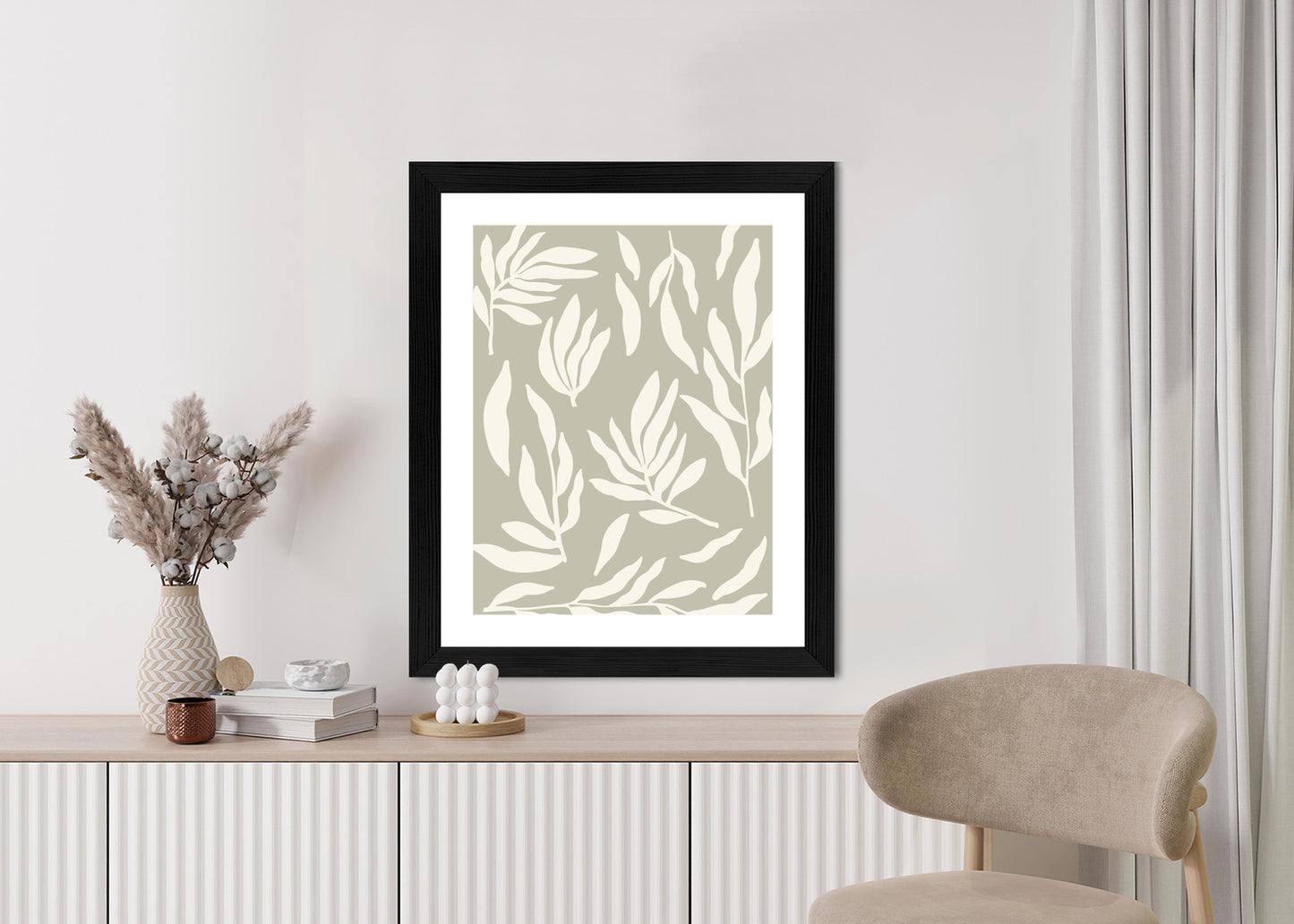 Poster Botanische Grafiken Mit Beigen Blättern Rahmen Holz Mit Passepartout Farbe Natürlich