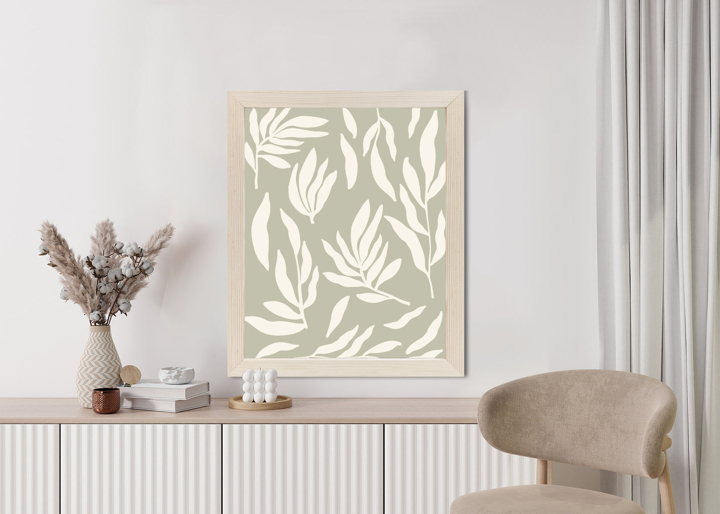 Poster Botanische Grafiken Mit Beigen Blättern Rahmen Holz Mit Passepartout Farbe Natürlich