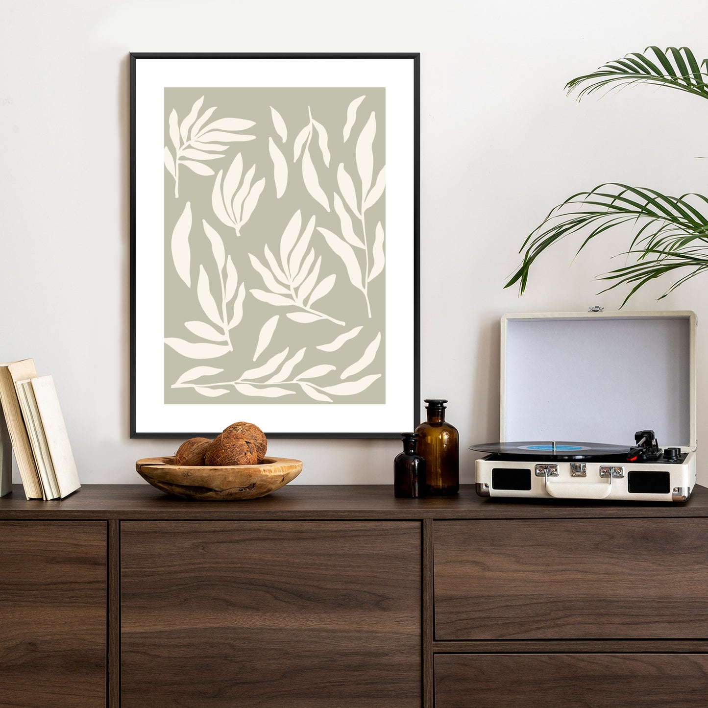 Poster Botanische Grafiken Mit Beigen Blättern Rahmen Holz Mit Passepartout Farbe Natürlich