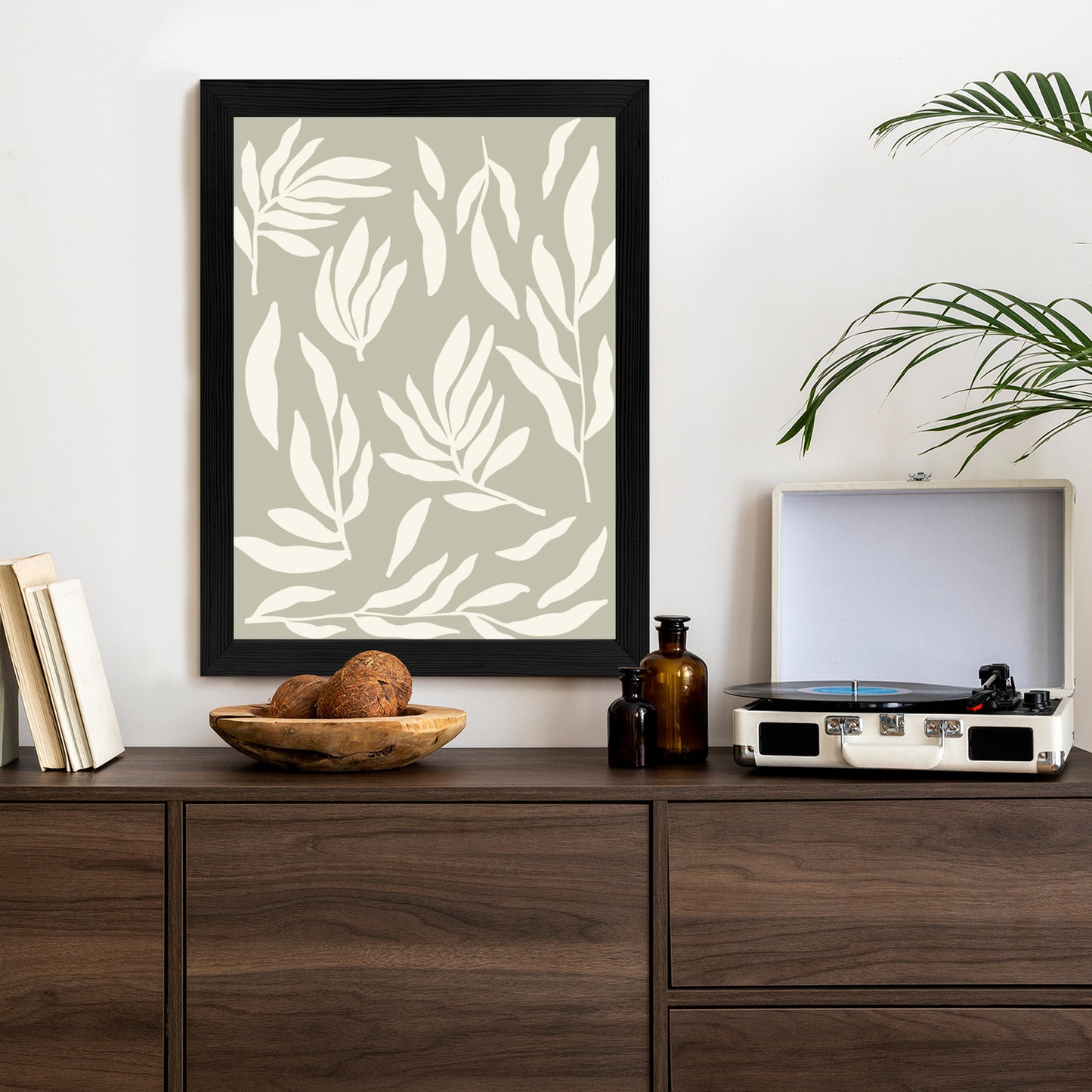 Poster Botanische Grafiken Mit Beigen Blättern Rahmen Holz Mit Passepartout Farbe Natürlich