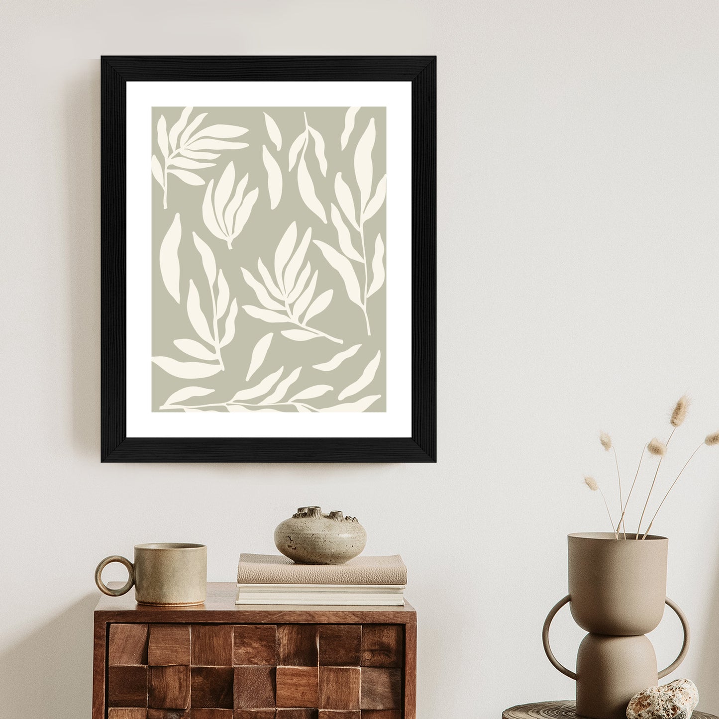 Poster Botanische Grafiken Mit Beigen Blättern Rahmen Holz Mit Passepartout Farbe Natürlich