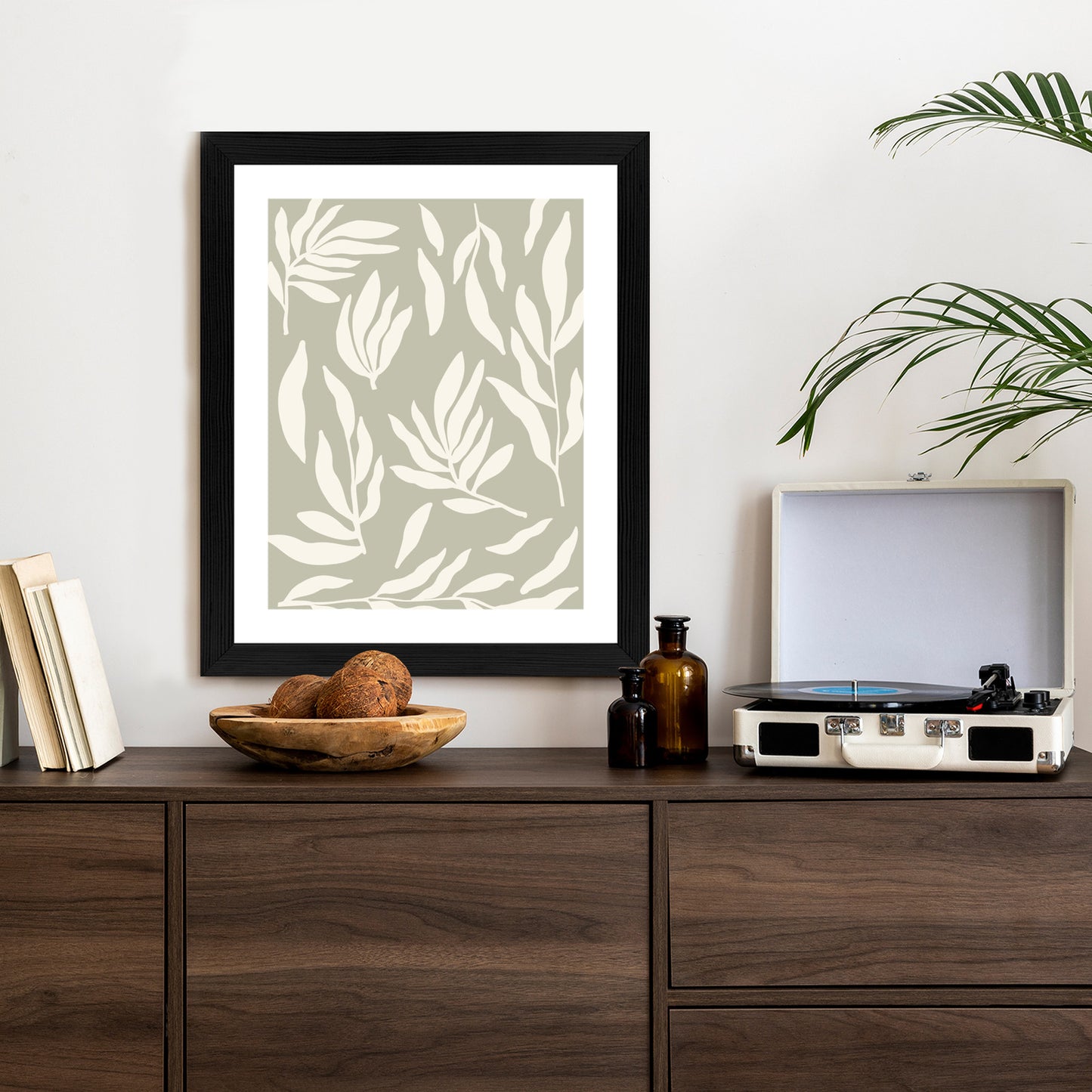 Poster Botanische Grafiken Mit Beigen Blättern Rahmen Holz Mit Passepartout Farbe Natürlich