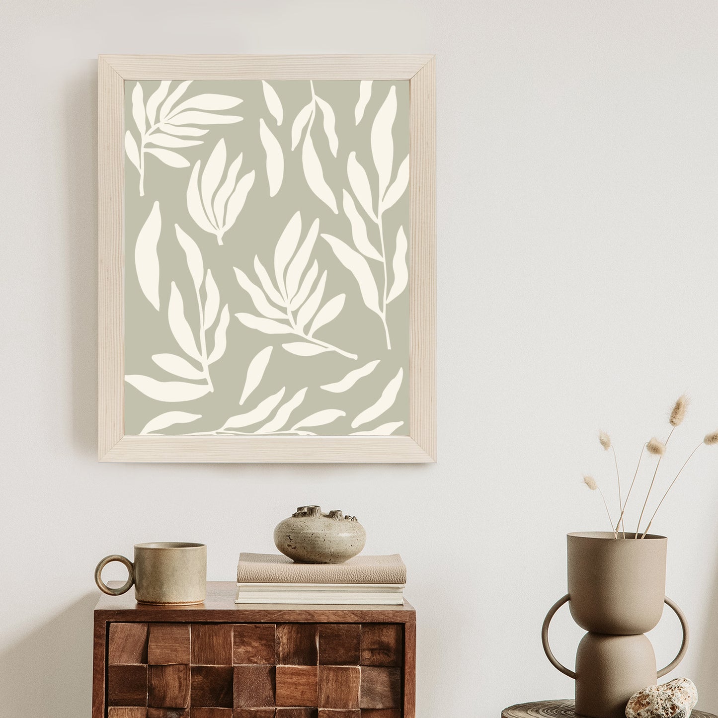 Poster Botanische Grafiken Mit Beigen Blättern Rahmen Holz Mit Passepartout Farbe Natürlich