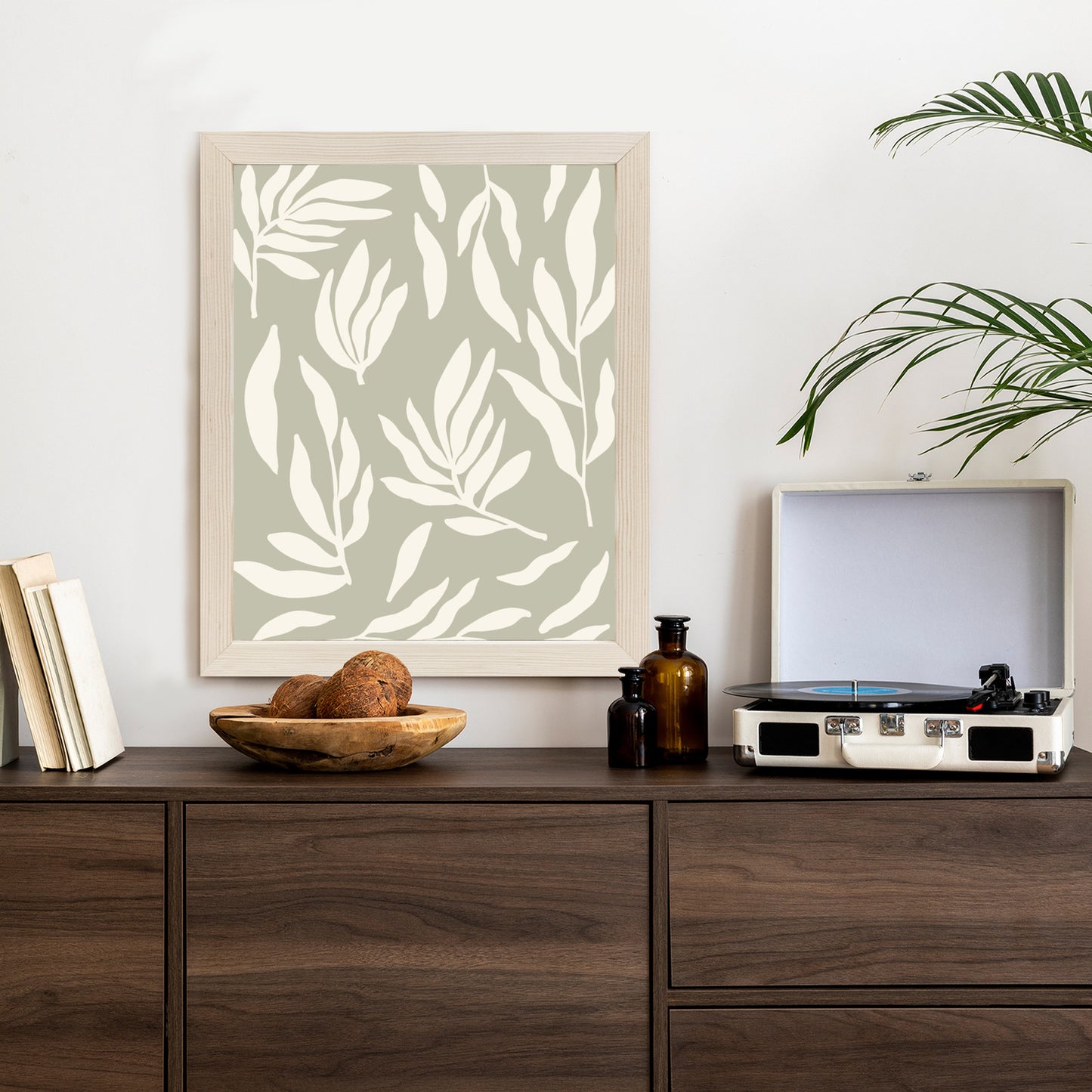 Poster Botanische Grafiken Mit Beigen Blättern Rahmen Holz Mit Passepartout Farbe Natürlich