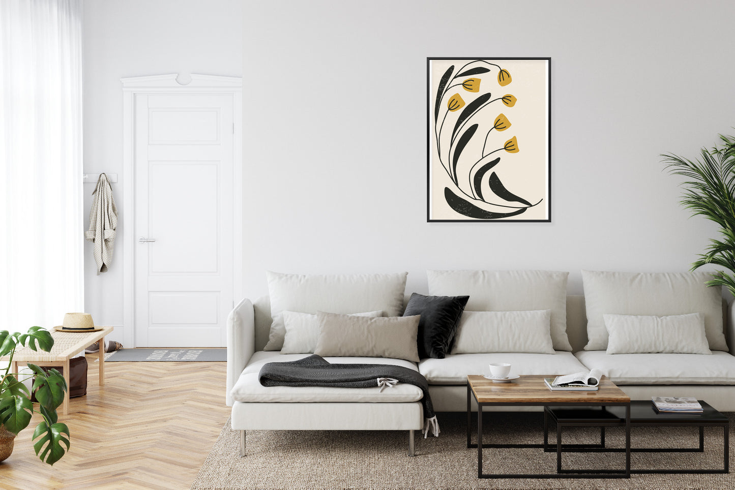 Poster Botanische Illustration Mit Blumen Rahmen Holz Mit Passepartout Farbe Natürlich