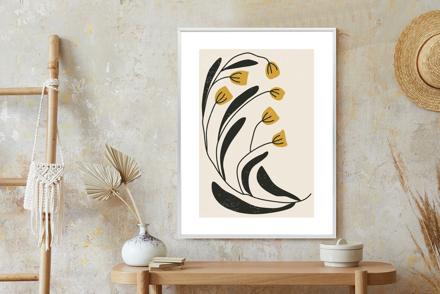 Poster Botanische Illustration Mit Blumen Rahmen Holz Mit Passepartout Farbe Natürlich
