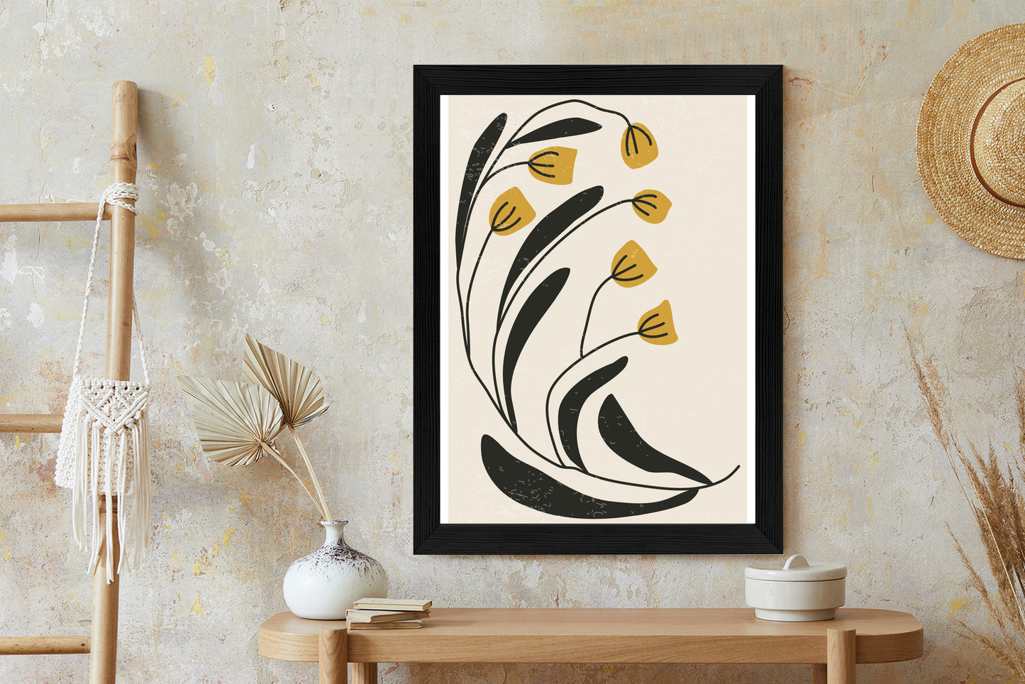Poster Botanische Illustration Mit Blumen Rahmen Holz Mit Passepartout Farbe Natürlich
