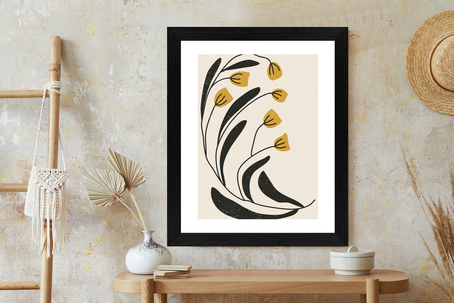 Poster Botanische Illustration Mit Blumen Rahmen Holz Mit Passepartout Farbe Natürlich