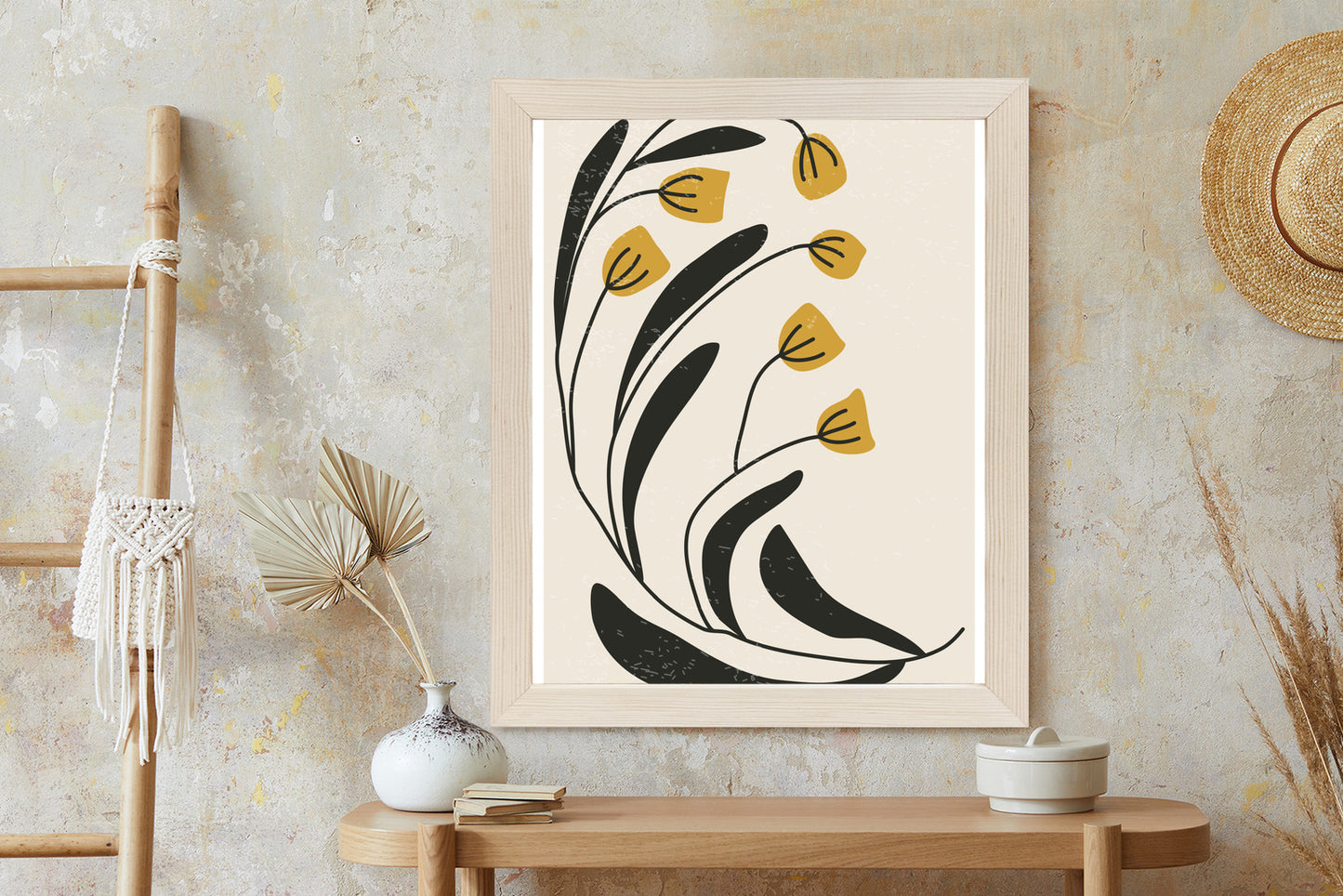 Poster Botanische Illustration Mit Blumen Rahmen Holz Mit Passepartout Farbe Natürlich