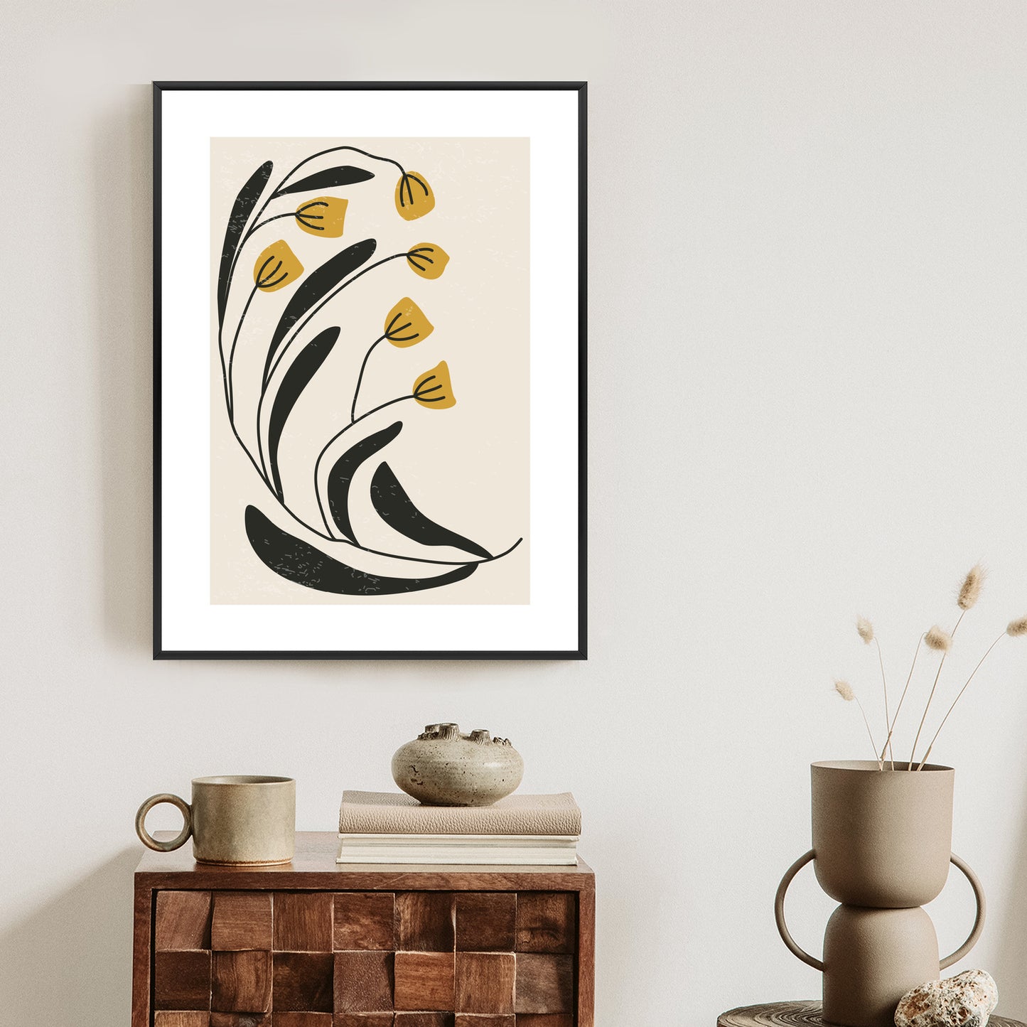 Poster Botanische Illustration Mit Blumen Rahmen Holz Mit Passepartout Farbe Natürlich