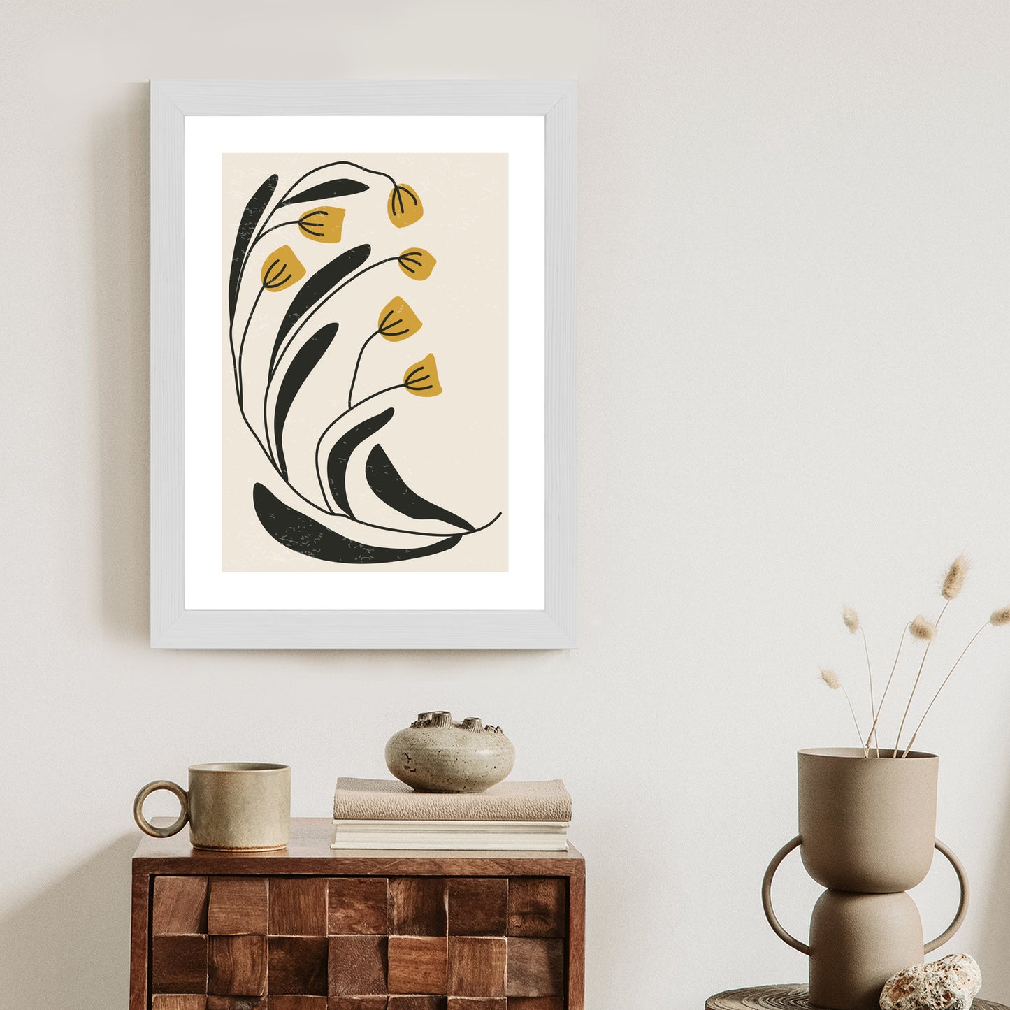 Poster Botanische Illustration Mit Blumen Rahmen Holz Mit Passepartout Farbe Natürlich