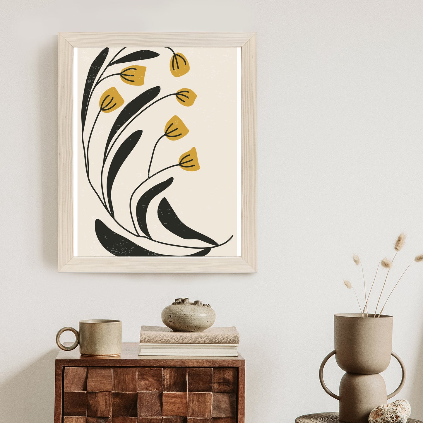 Poster Botanische Illustration Mit Blumen Rahmen Holz Mit Passepartout Farbe Natürlich