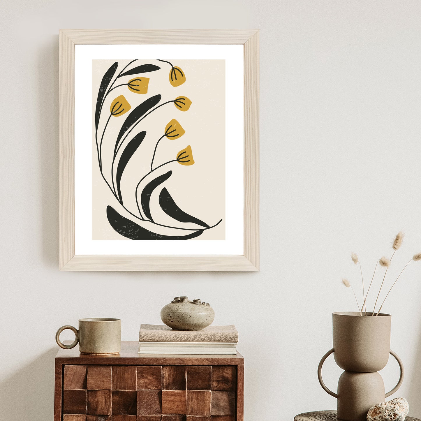 Poster Botanische Illustration Mit Blumen Rahmen Holz Mit Passepartout Farbe Natürlich