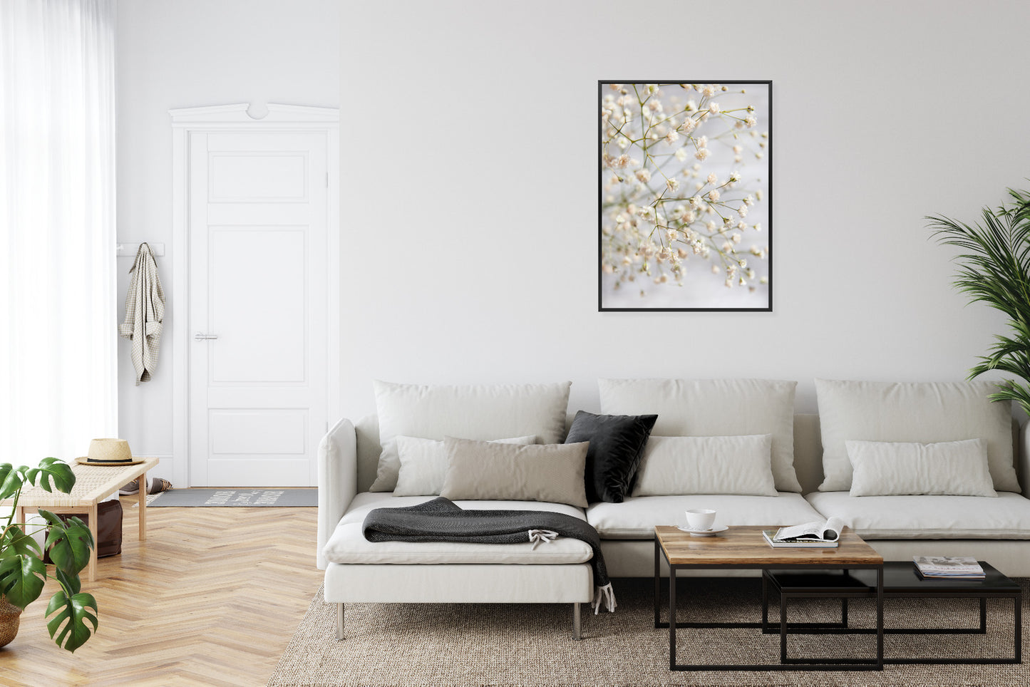 Poster Weiße Kleine Blüten An Dünnen Zweigen Rahmen Hölzern Farbe Schwarz