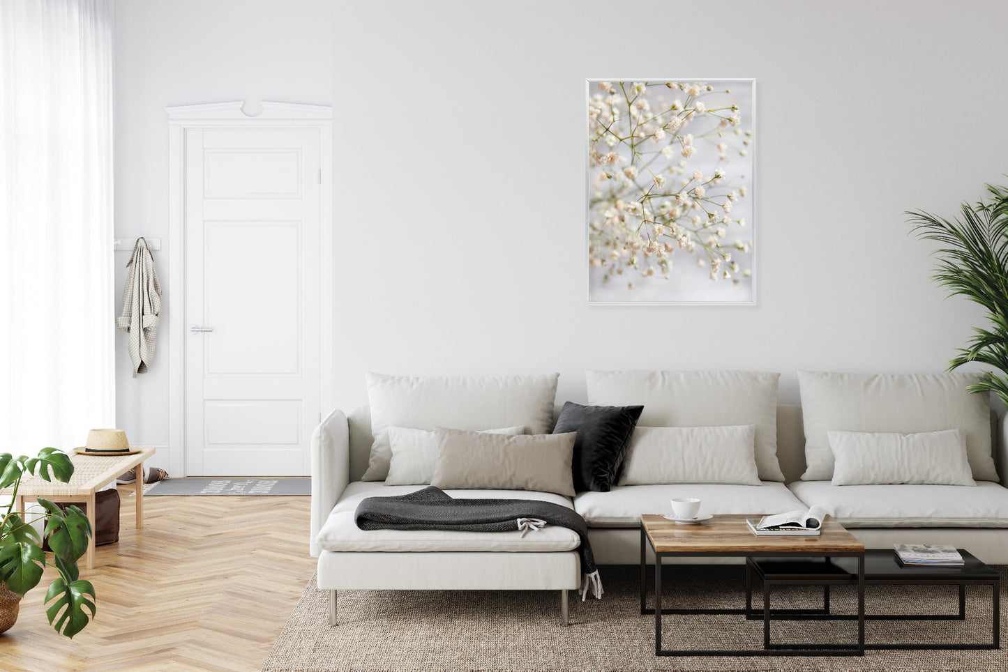 Poster Weiße Kleine Blüten An Dünnen Zweigen Rahmen Hölzern Farbe Schwarz