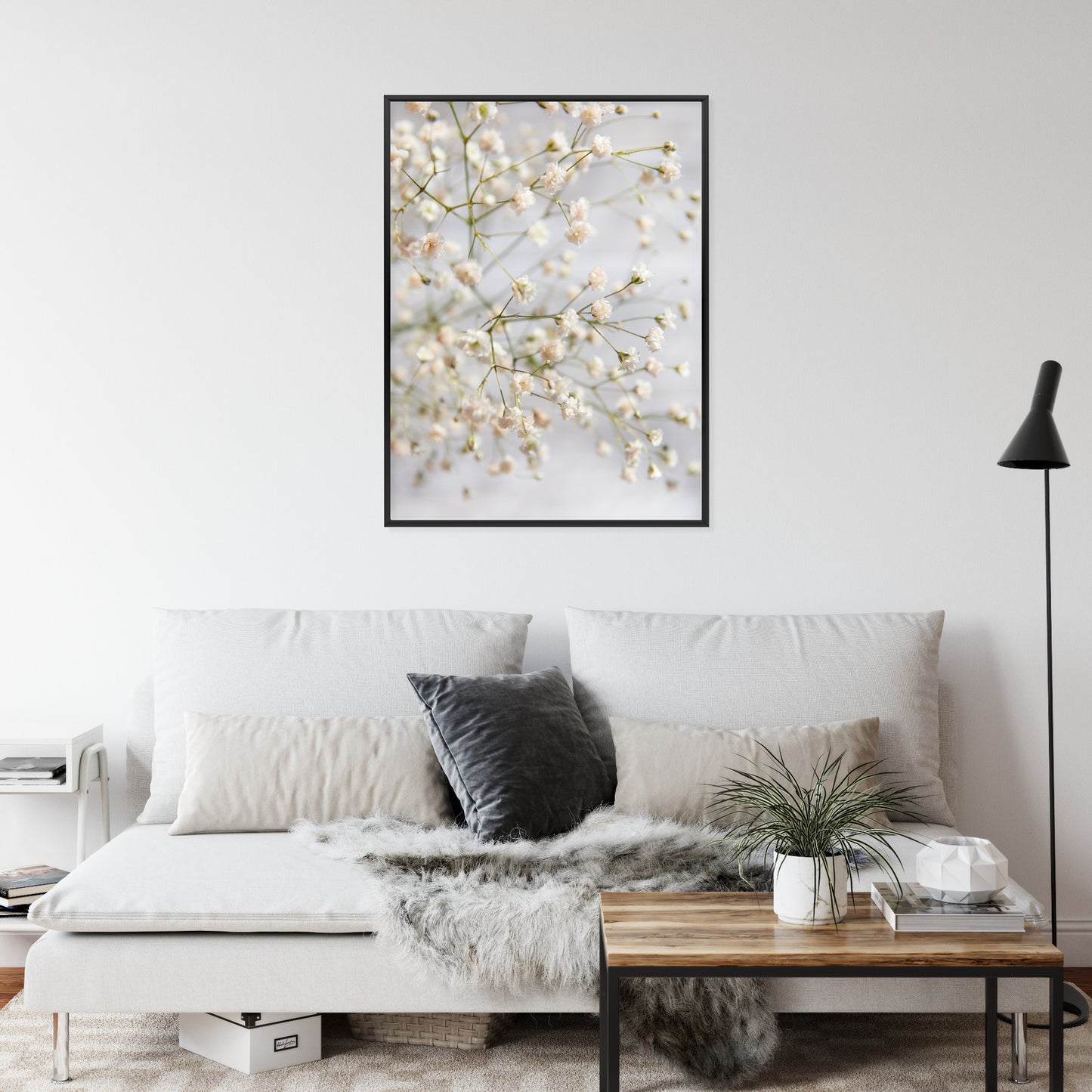 Poster Weiße Kleine Blüten An Dünnen Zweigen Rahmen Hölzern Farbe Schwarz