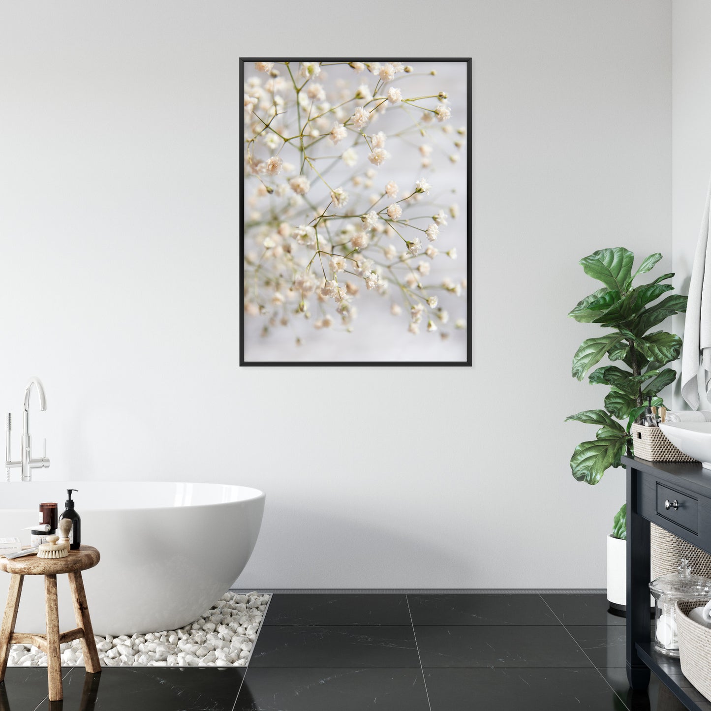 Poster Weiße Kleine Blüten An Dünnen Zweigen Rahmen Hölzern Farbe Schwarz