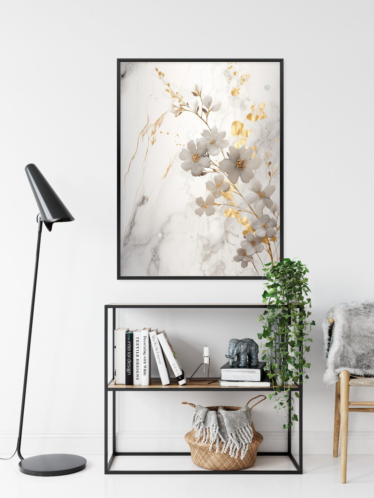 Poster Weiße Und Goldene Blumen Auf Marmor