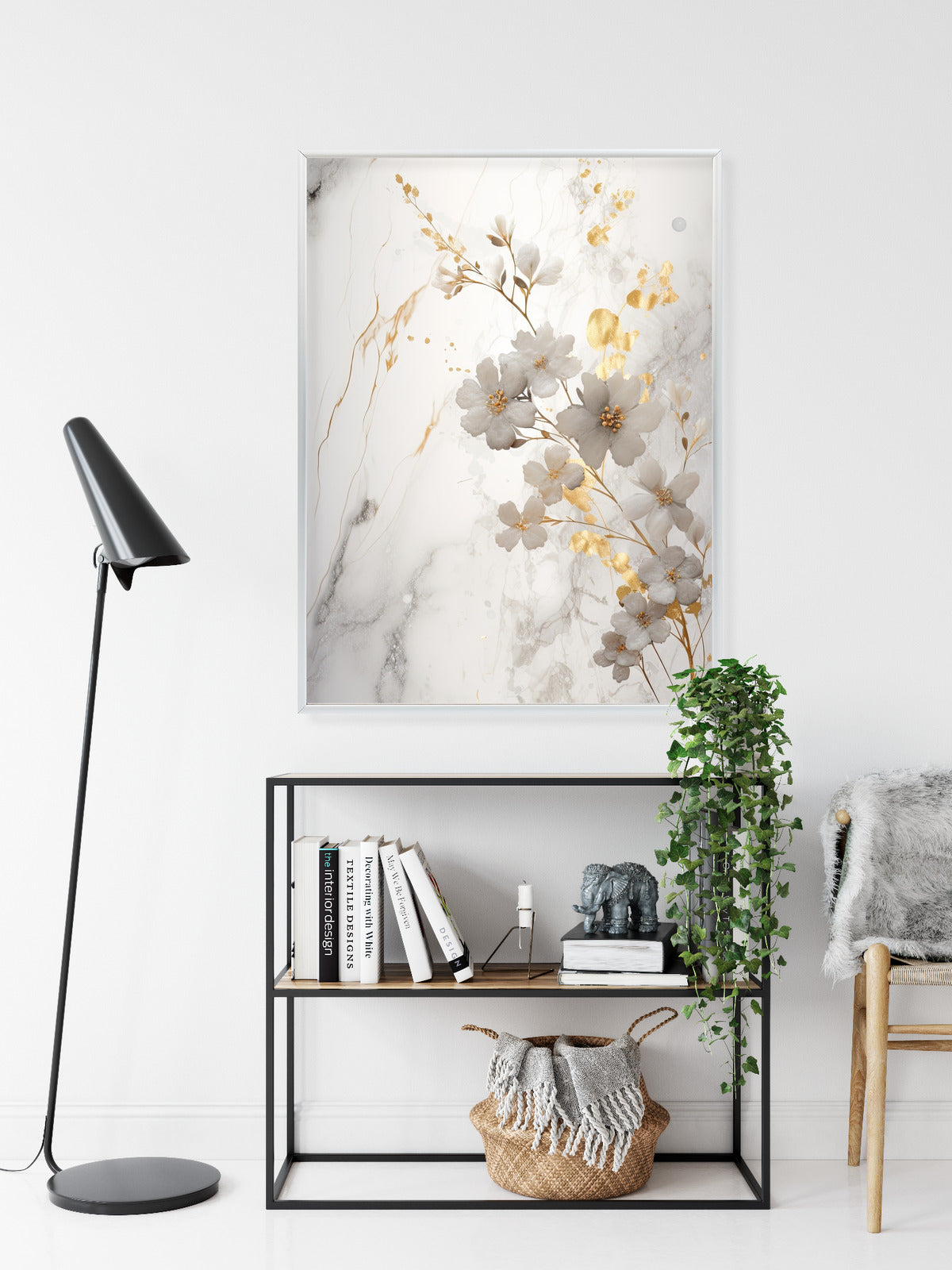 Poster Weiße Und Goldene Blumen Auf Marmor