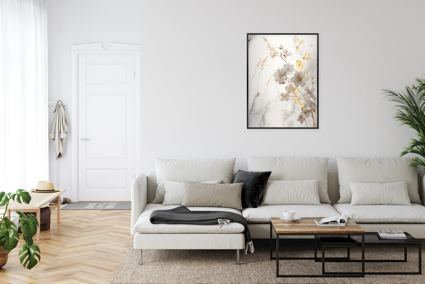 Poster Weiße Und Goldene Blumen Auf Marmor