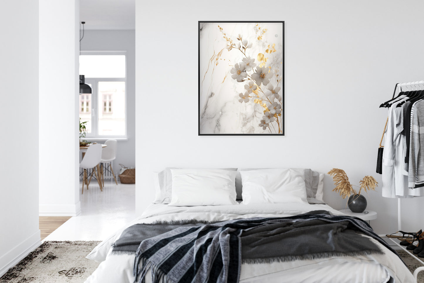 Poster Weiße Und Goldene Blumen Auf Marmor