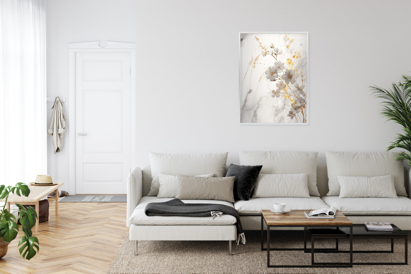 Poster Weiße Und Goldene Blumen Auf Marmor
