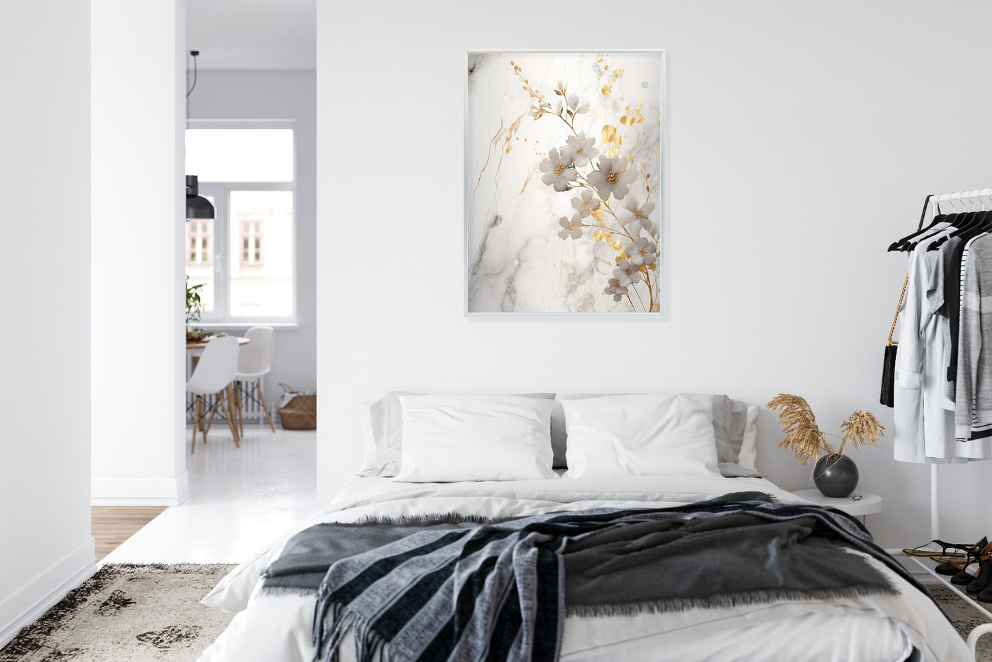 Poster Weiße Und Goldene Blumen Auf Marmor