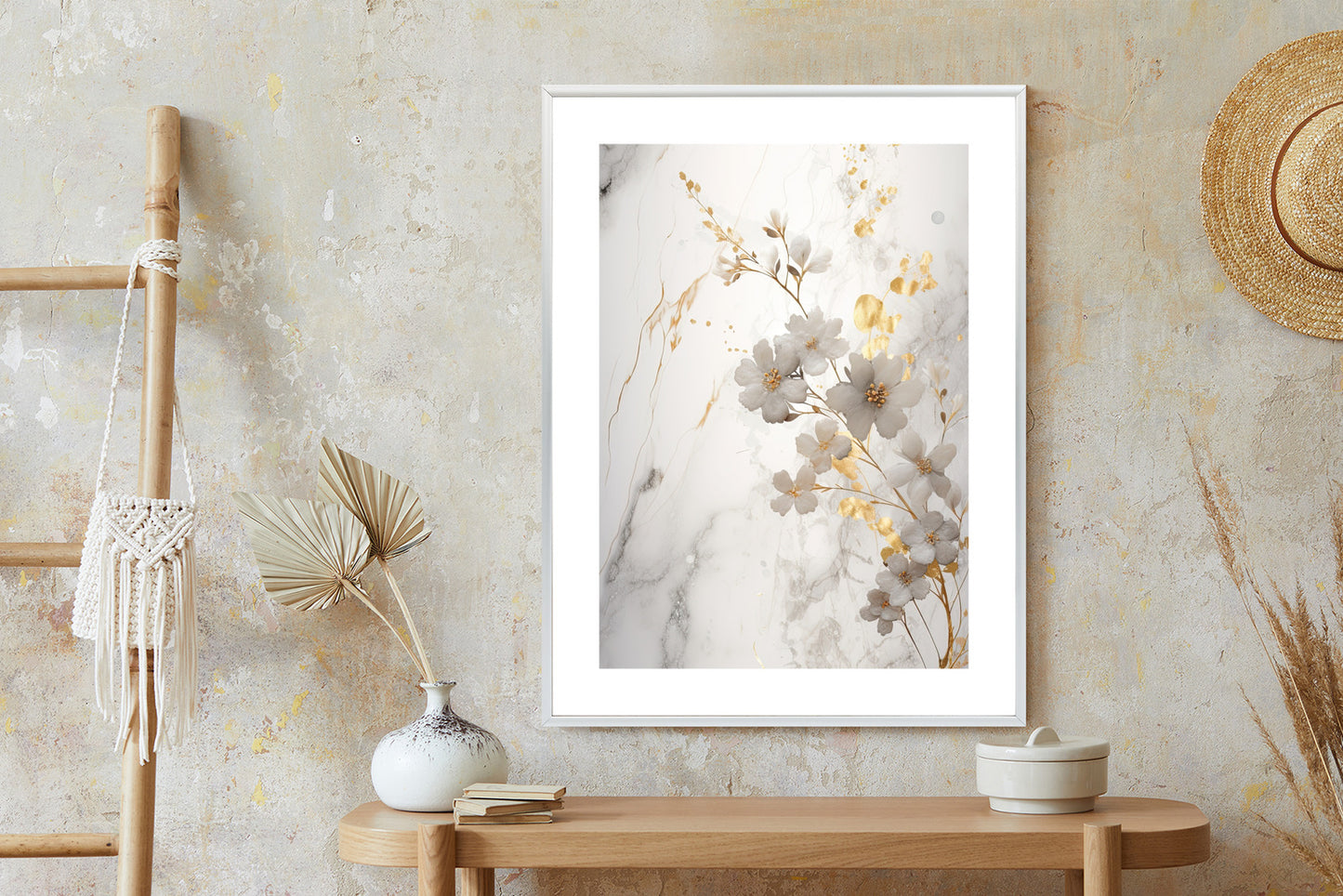 Poster Weiße Und Goldene Blumen Auf Marmor