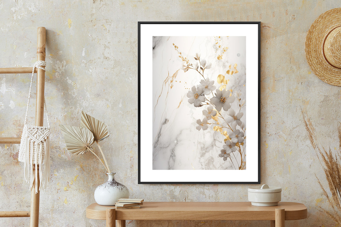 Poster Weiße Und Goldene Blumen Auf Marmor
