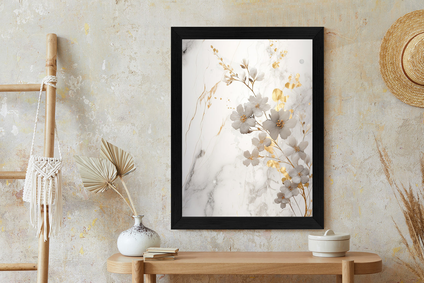 Poster Weiße Und Goldene Blumen Auf Marmor
