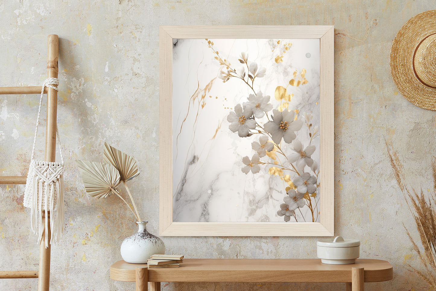 Poster Weiße Und Goldene Blumen Auf Marmor