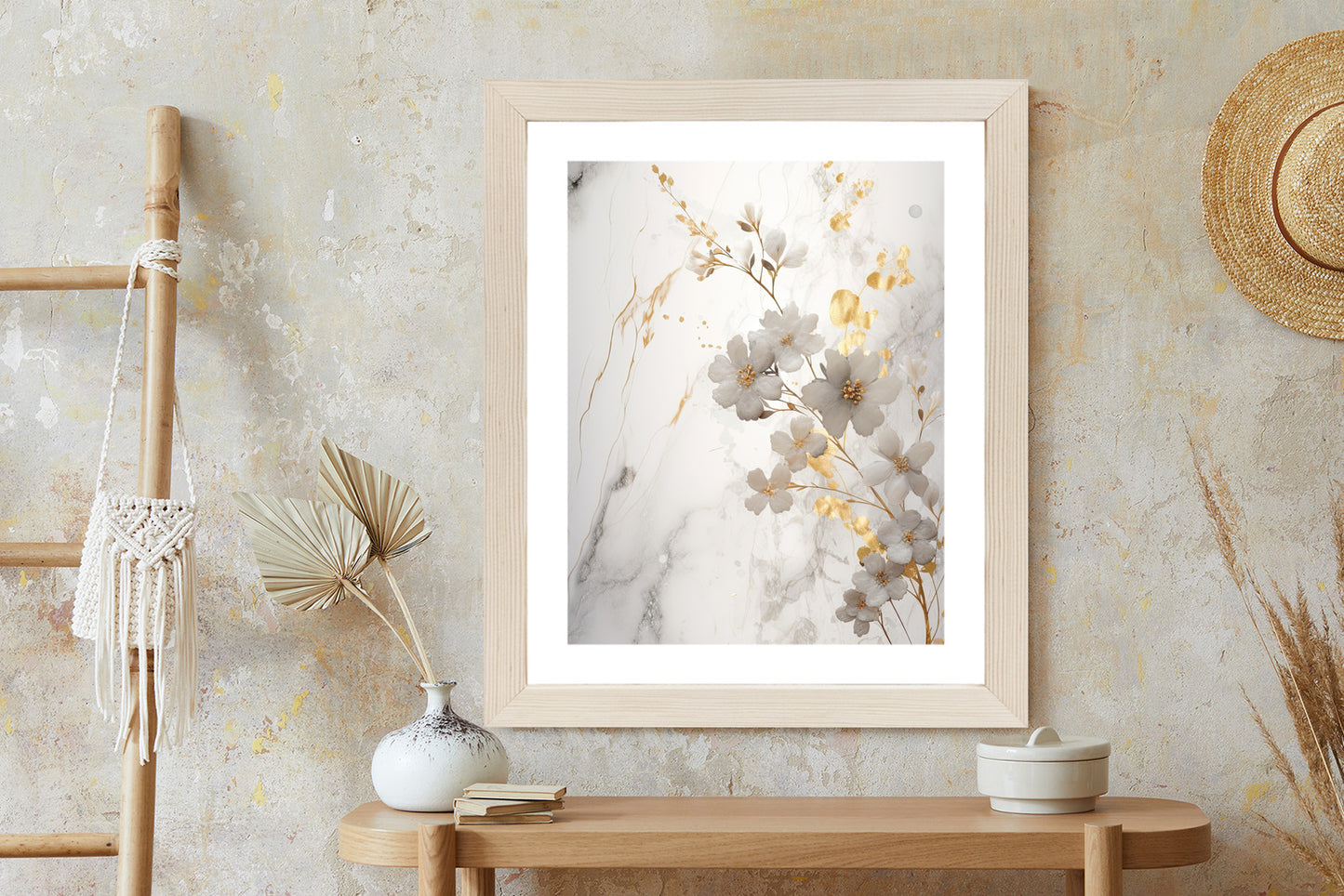Poster Weiße Und Goldene Blumen Auf Marmor