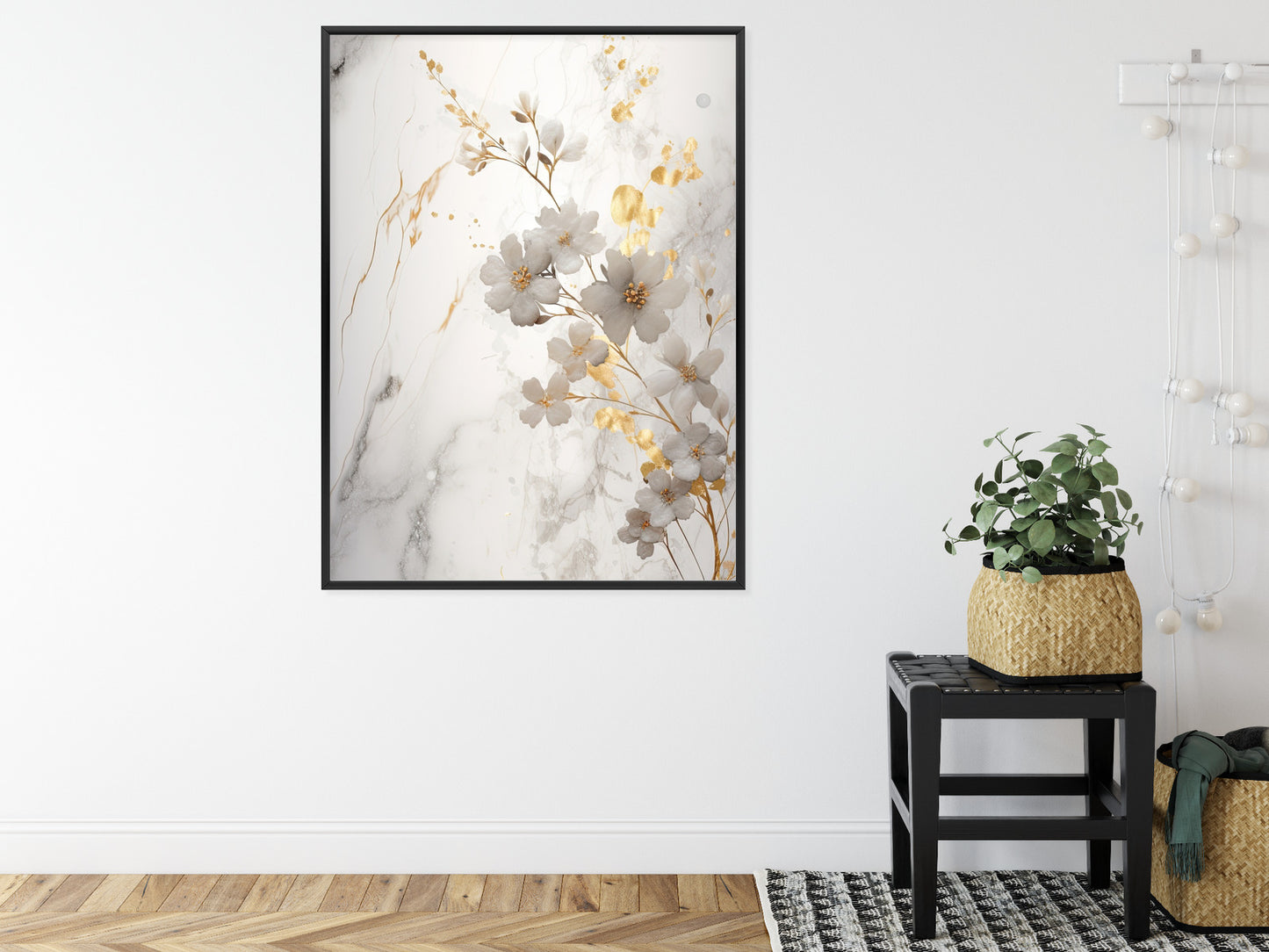 Poster Weiße Und Goldene Blumen Auf Marmor