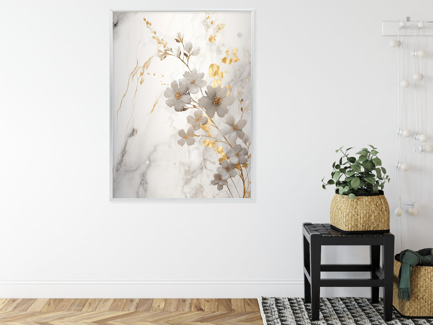 Poster Weiße Und Goldene Blumen Auf Marmor