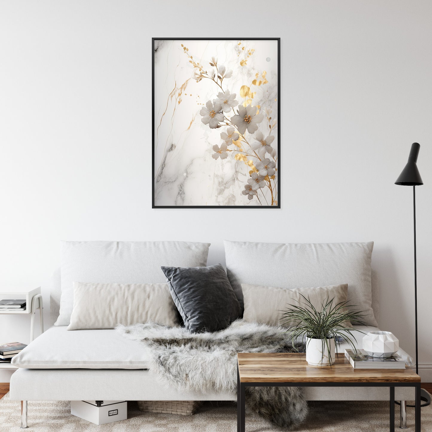 Poster Weiße Und Goldene Blumen Auf Marmor
