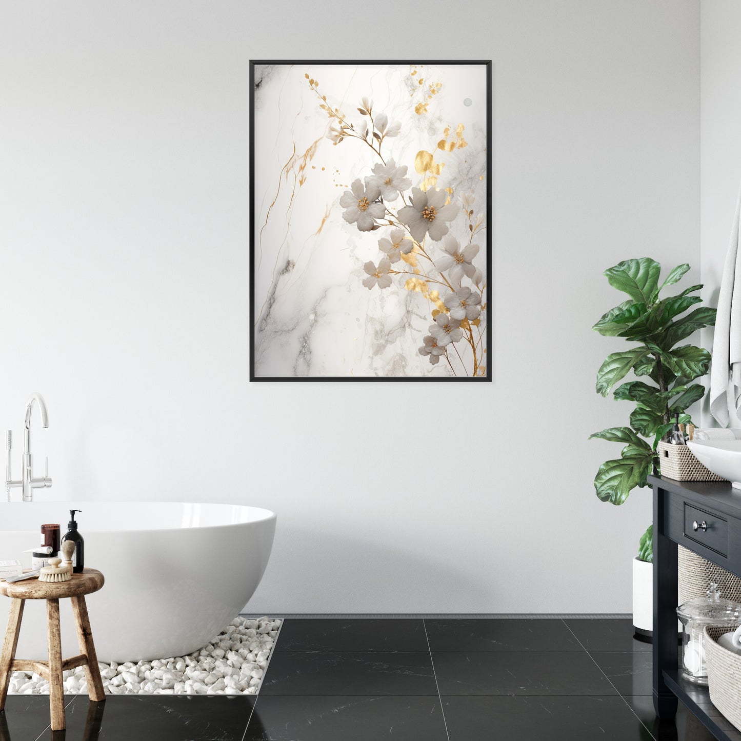 Poster Weiße Und Goldene Blumen Auf Marmor