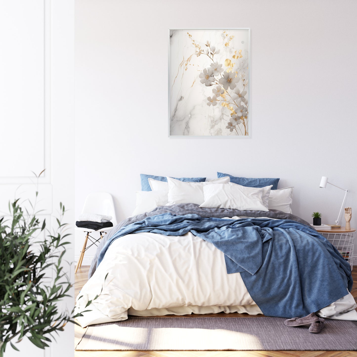 Poster Weiße Und Goldene Blumen Auf Marmor