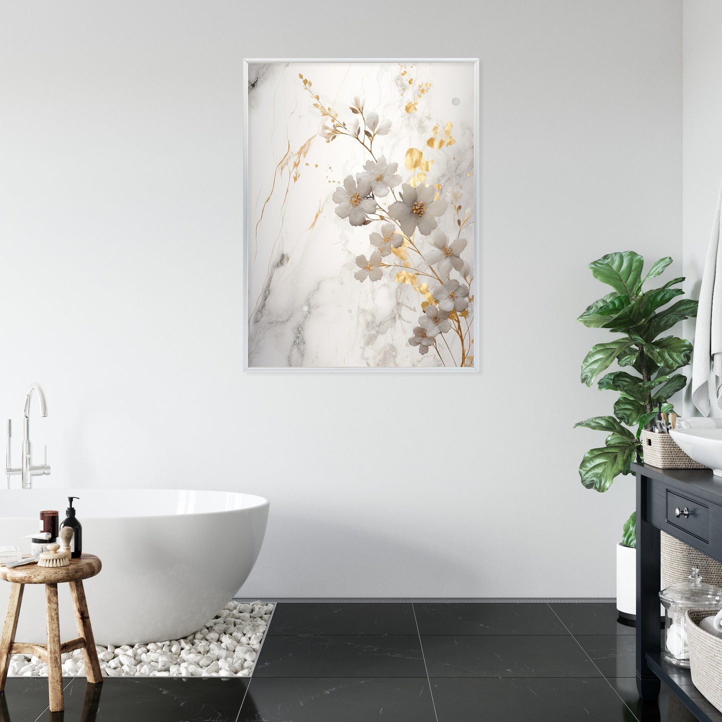 Poster Weiße Und Goldene Blumen Auf Marmor