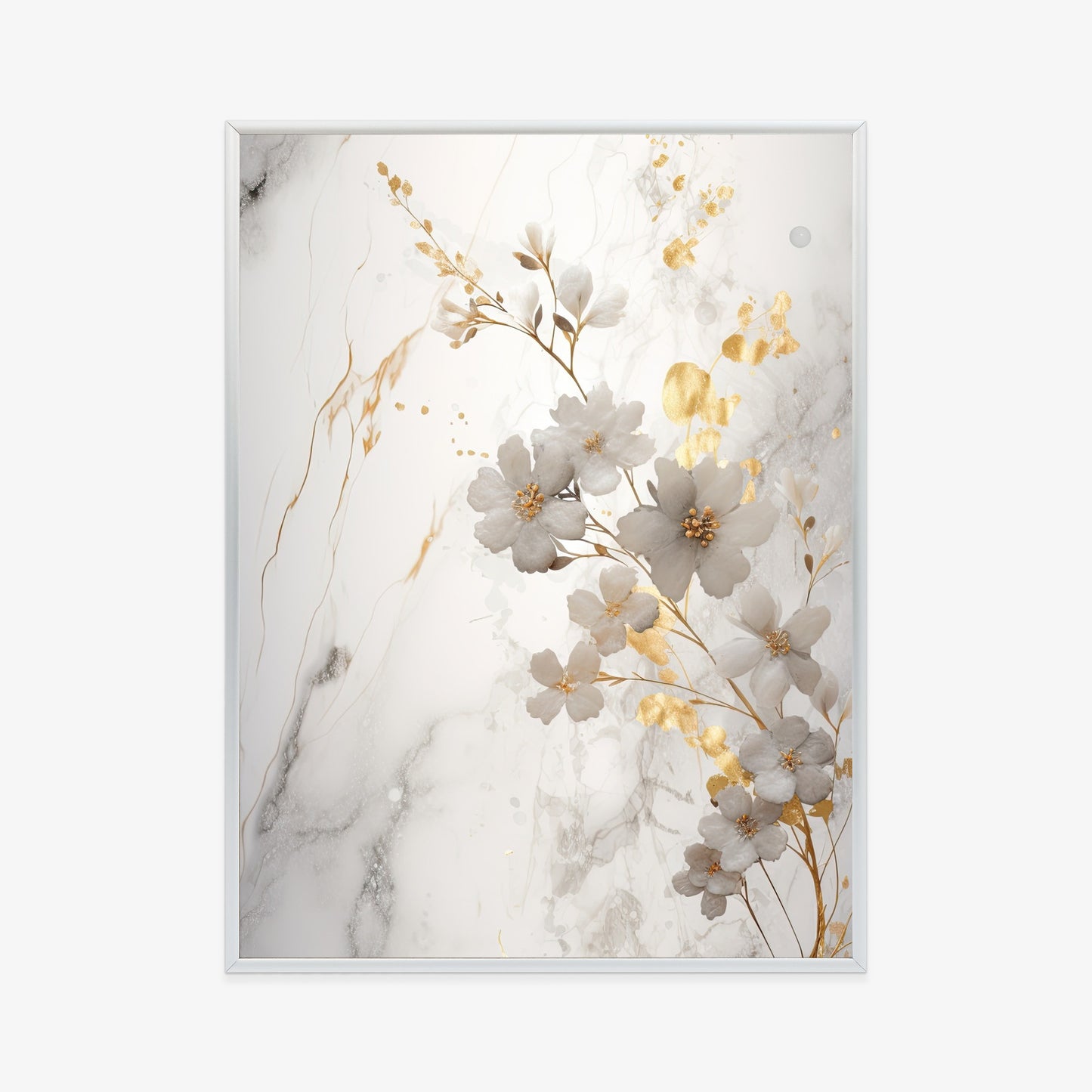 Poster Weiße Und Goldene Blumen Auf Marmor