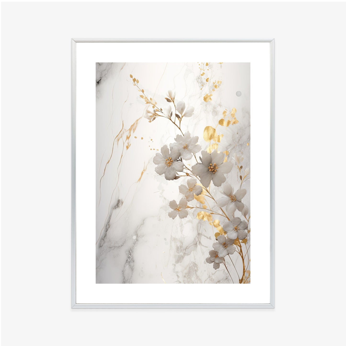 Poster Weiße Und Goldene Blumen Auf Marmor