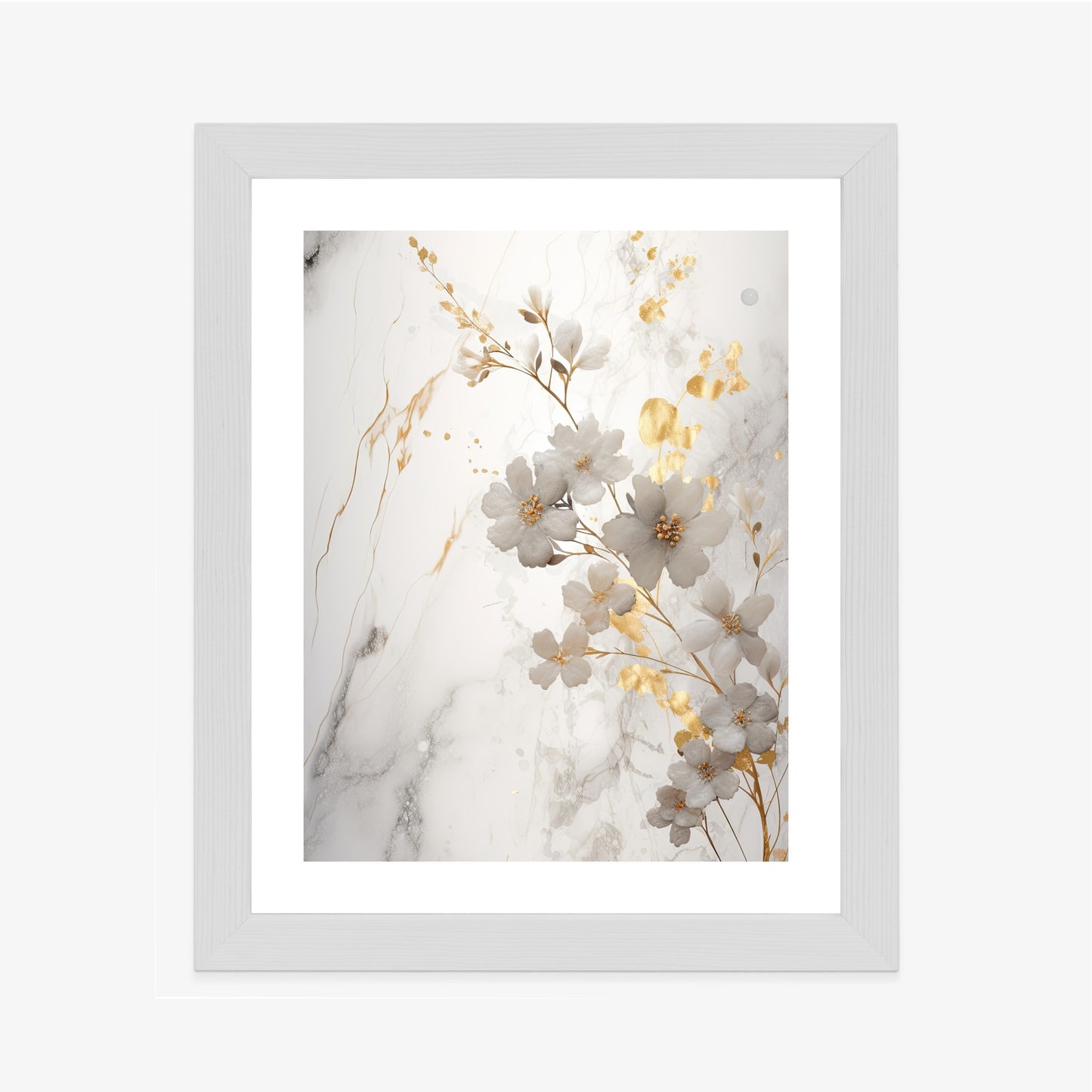 Poster Weiße Und Goldene Blumen Auf Marmor