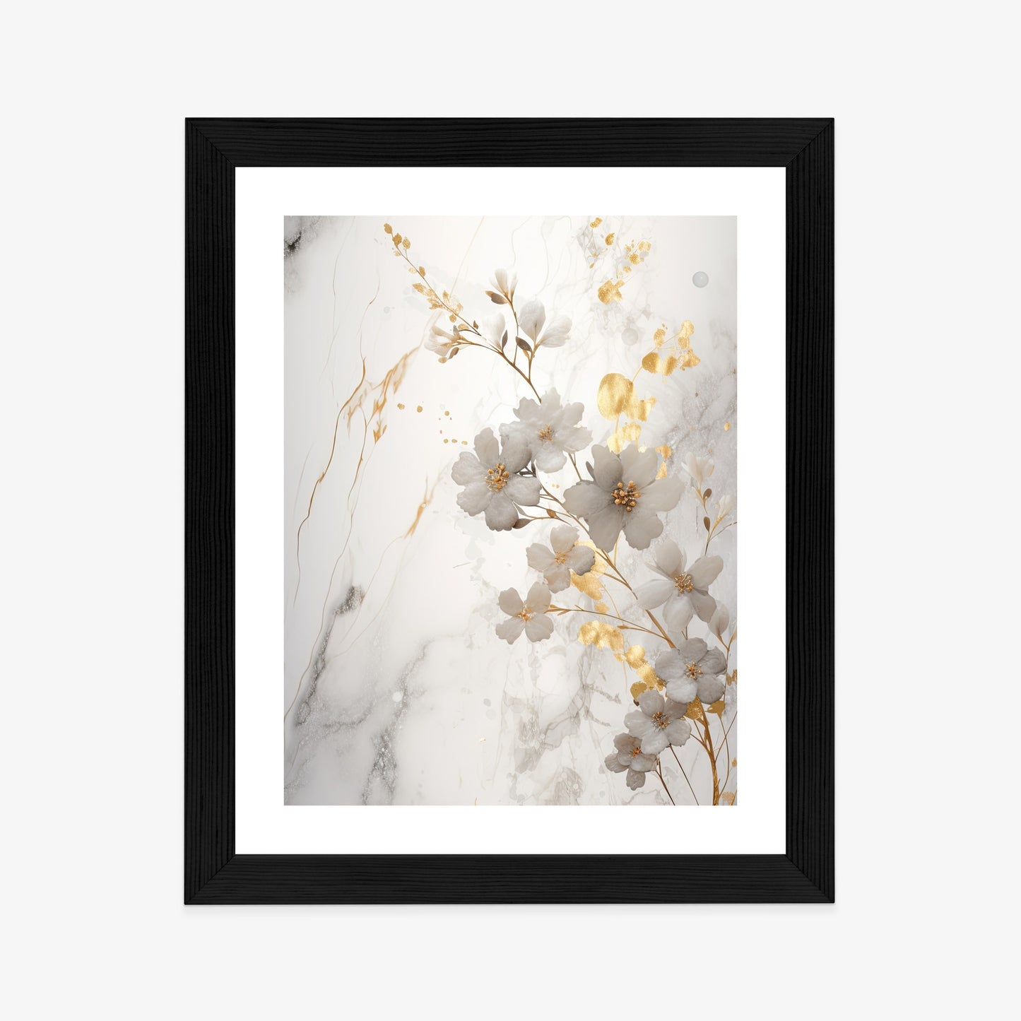 Poster Weiße Und Goldene Blumen Auf Marmor