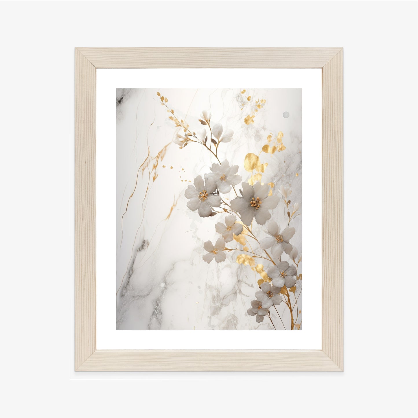 Poster Weiße Und Goldene Blumen Auf Marmor