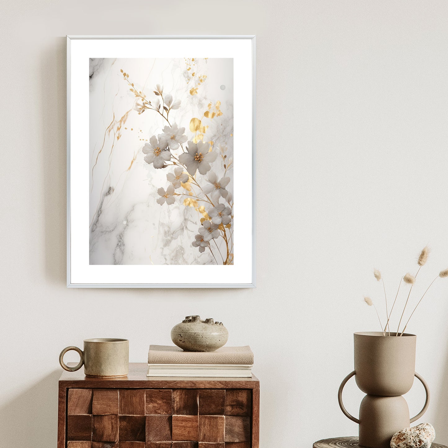 Poster Weiße Und Goldene Blumen Auf Marmor