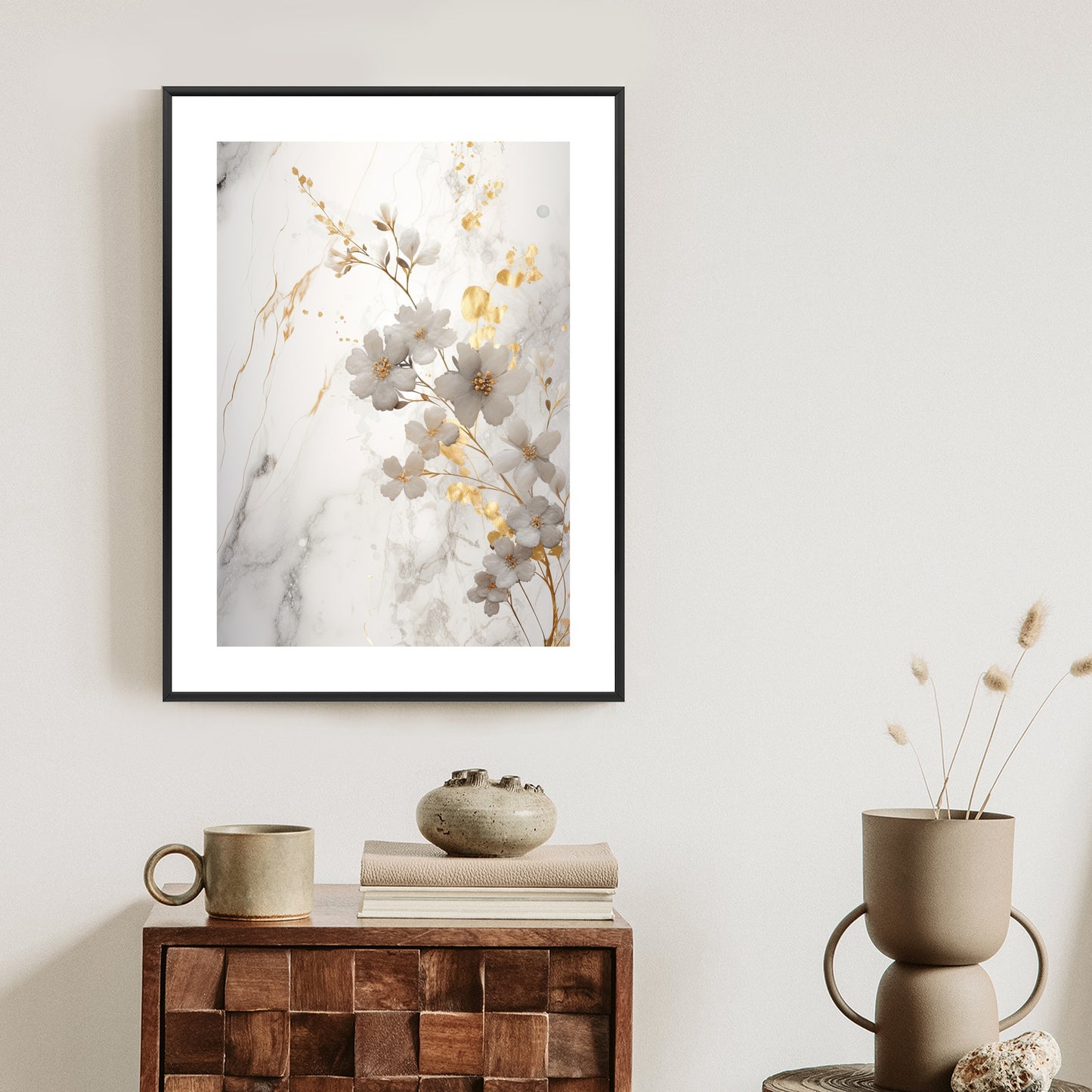 Poster Weiße Und Goldene Blumen Auf Marmor