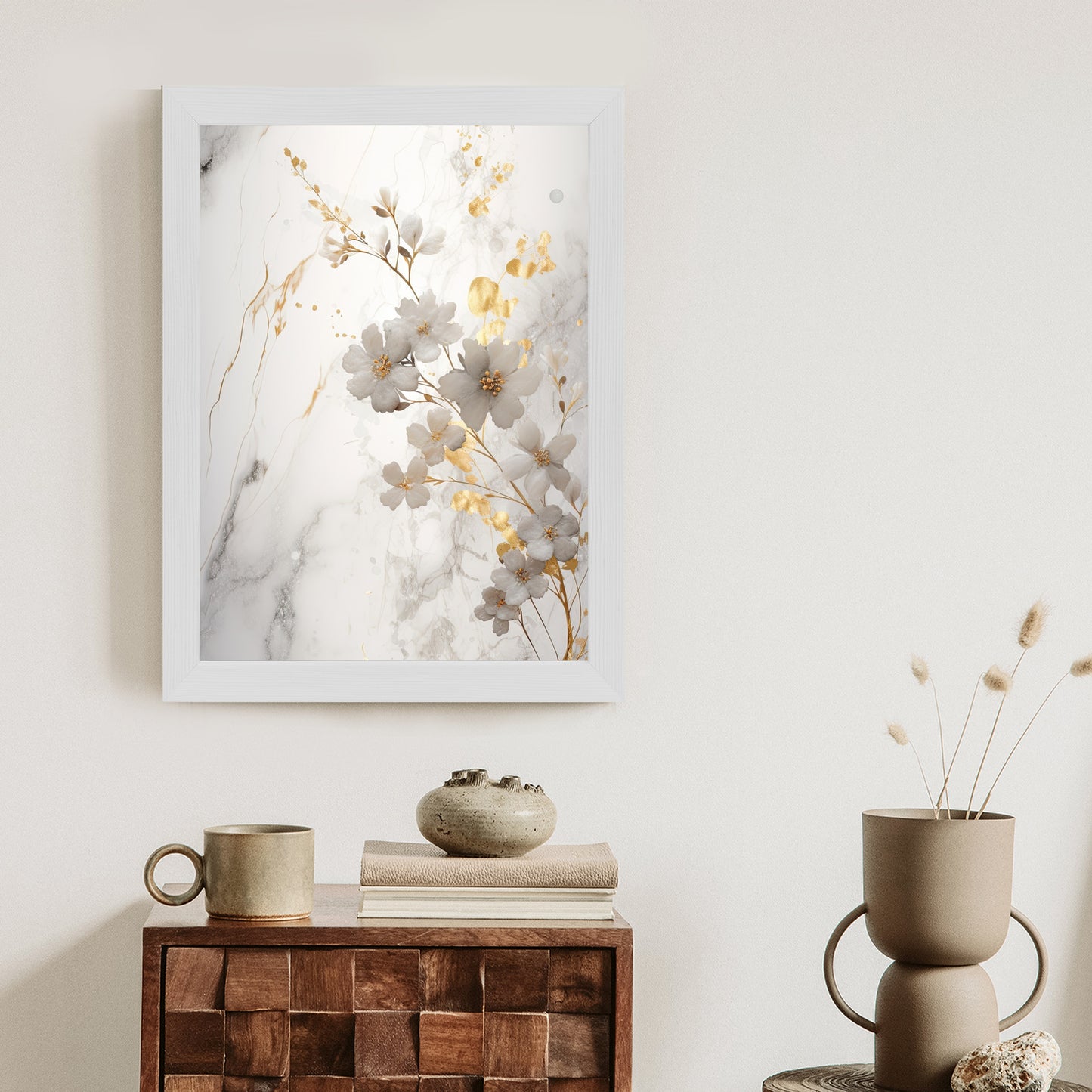 Poster Weiße Und Goldene Blumen Auf Marmor