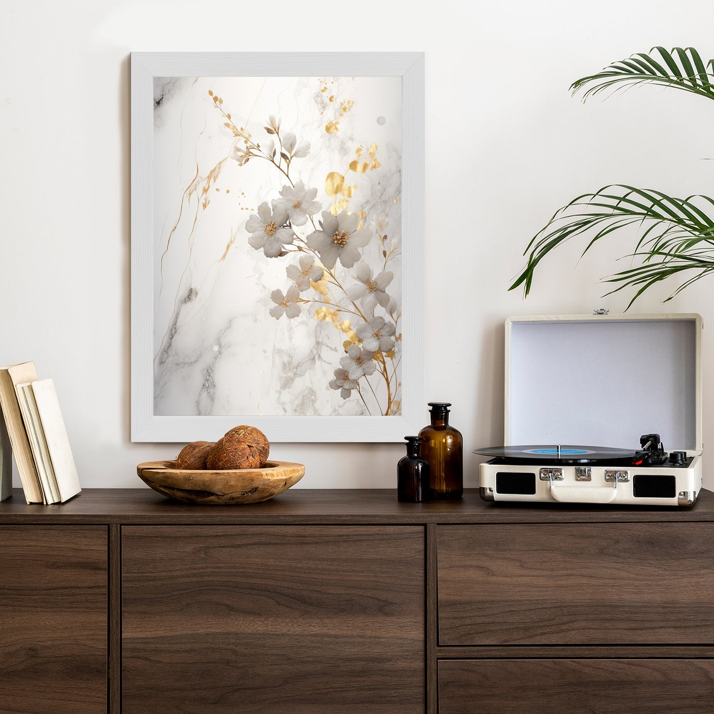 Poster Weiße Und Goldene Blumen Auf Marmor