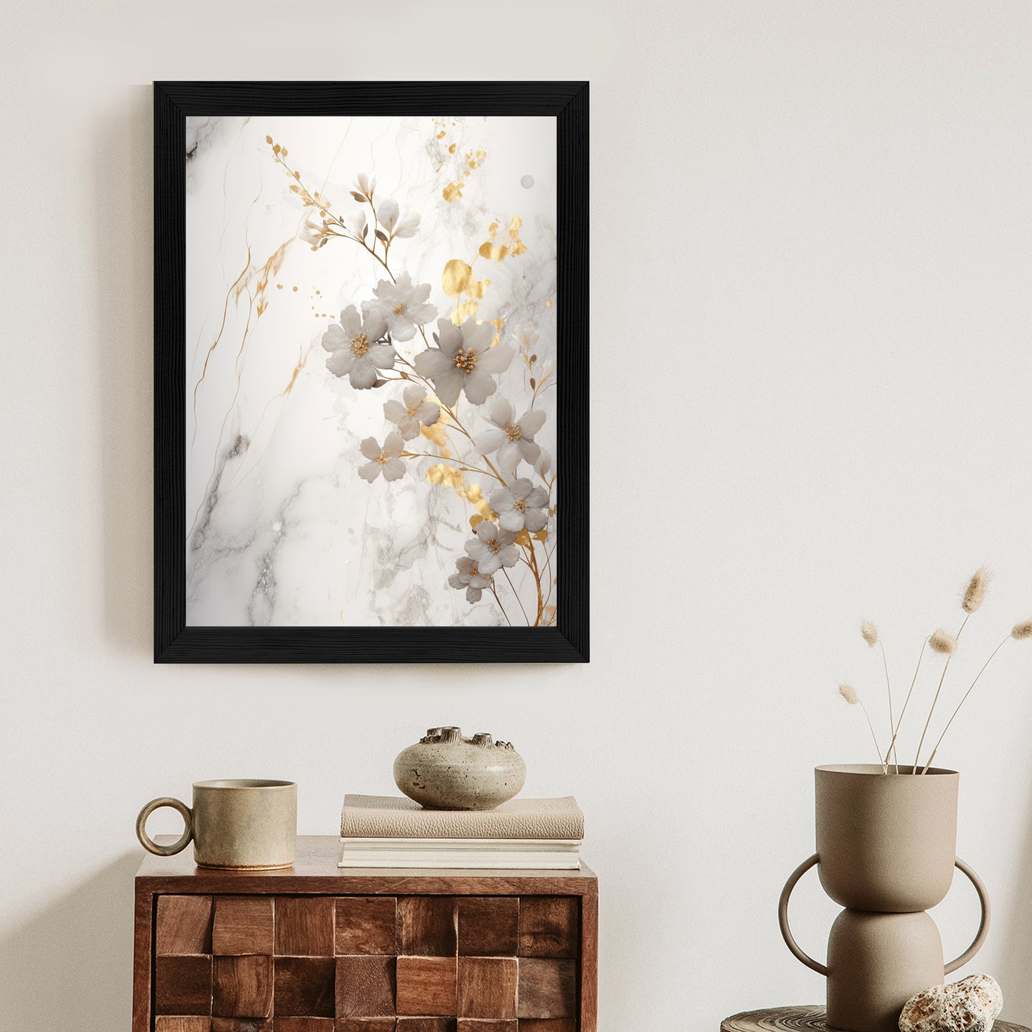 Poster Weiße Und Goldene Blumen Auf Marmor